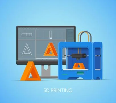 Vector 3D printing concept poster in flat style. Design elements and icons Illustrazione stock