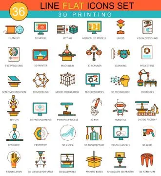 Vector 3D printing modeling flat line icon set. Modern elegant style design for Illustrazione stock