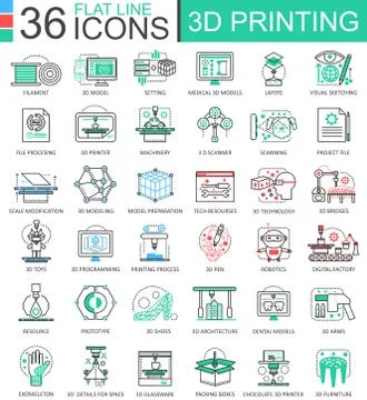 Vector 3D printing technology flat line outline icons for apps and web design Illustrazione stock