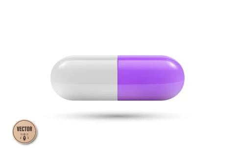 Vector 3d Purple and White Capsule Pill Isolated. Realistic 3d Medicine Ill.. Stock Illustration