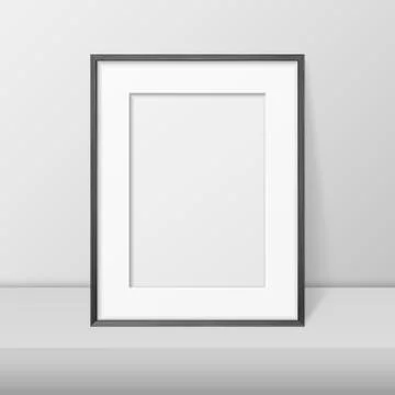 Vector 3d Realistic A4 Black Wooden Simple Modern Frame on a White Shelf or Stock-Illustration