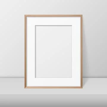 Vector 3d Realistic A4 Brown Wooden Simple Modern Frame on a White Shelf or Stock Illustration