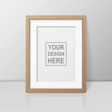 Vector 3d Realistic A4 Brown Wooden Simple Modern Frame on a Glossy White Shelf Stock Illustration