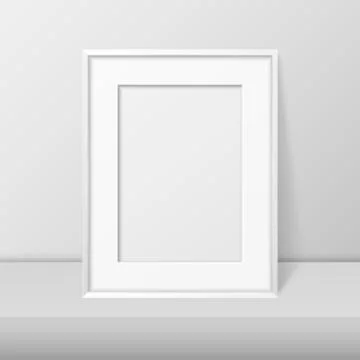 Vector 3d Realistic A4 White Wooden Simple Modern Frame on a White Shelf or Stock-Illustration