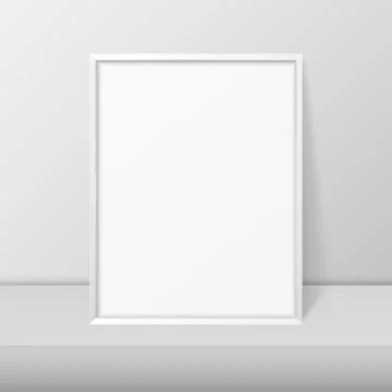 Vector 3d Realistic A4 White Wooden Simple Modern Frame on a White Shelf or Stock-Illustration