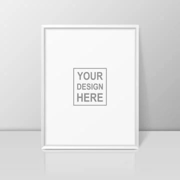 Vector 3d Realistic A4 White Wooden Simple Modern Frame on a Glossy White Shelf Stock Illustration