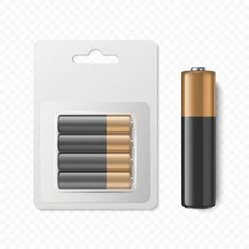Vector 3D Realistic Alkaline Battery Set in Paper Blister Closeup Isolated. AA Stock Illustration