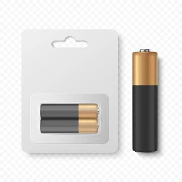 Vector 3D Realistic Alkaline Battery Set in Paper Blister Closeup Isolated. AA Illustrazione stock
