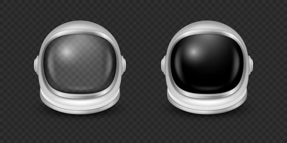 Vector 3d Realistic Astronaut Helmets, Cosmonaut Mask with Transparent Glass Stock Illustration