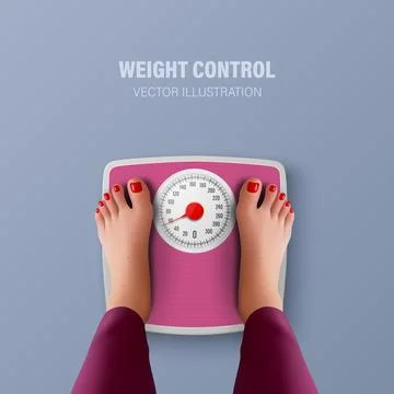Vector 3d Realistic Bathroom Scales and Female Feet in Top View. Weight Control Stock Illustration