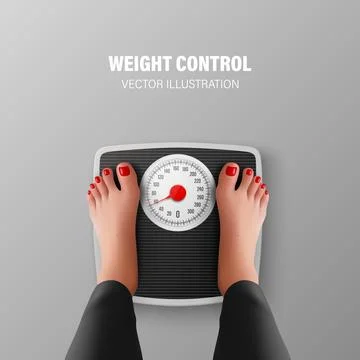 Vector 3d Realistic Bathroom Scales and Female Feet in Top View. Weight Control Stock Illustration