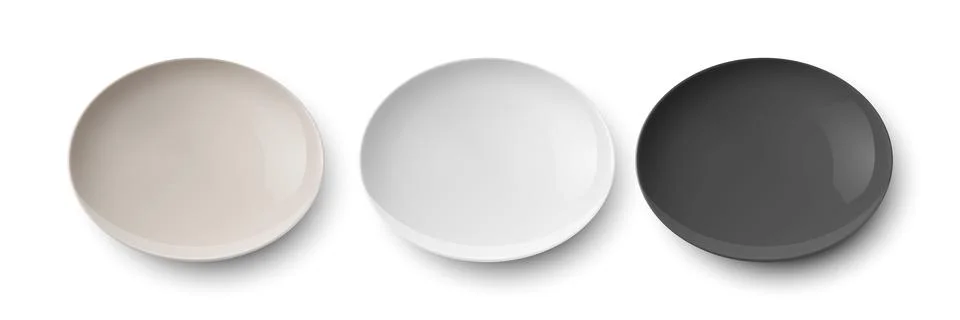 Vector 3d Realistic Beige, White, Black Empty Porcelain, Ceramic Plate Icon Stock Illustration