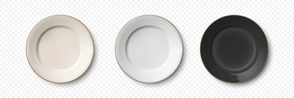 Vector 3d Realistic Beige, White, Black Empty Porcelain, Ceramic Plate Icon Stock Illustration