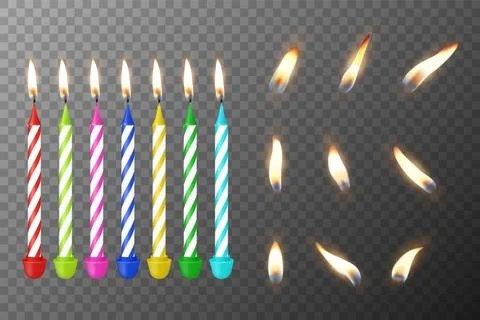 Vector 3d Realistic Birthday Candles With Fire Flames. Colorful Striped Cake Stock Illustration