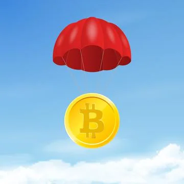 Vector 3d Realistic Bitcoin with Parachute in Sky. Rising Price of Bitcoin, Web 스톡 일러스트