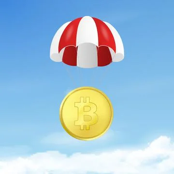 Vector 3d Realistic Bitcoin with Parachute in Sky. Rising Price of Bitcoin, Web Illustrazione stock