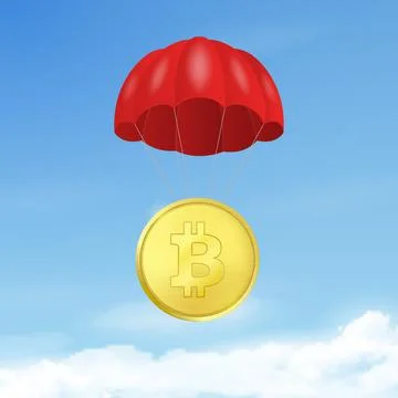 Vector 3d Realistic Bitcoin with Red Parachute in Sky. Rising Price of Bitcoin 스톡 일러스트