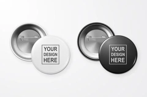 Vector 3d Realistic Black and White Blank Button Badge Closeup Isolated on White Illustrazione stock