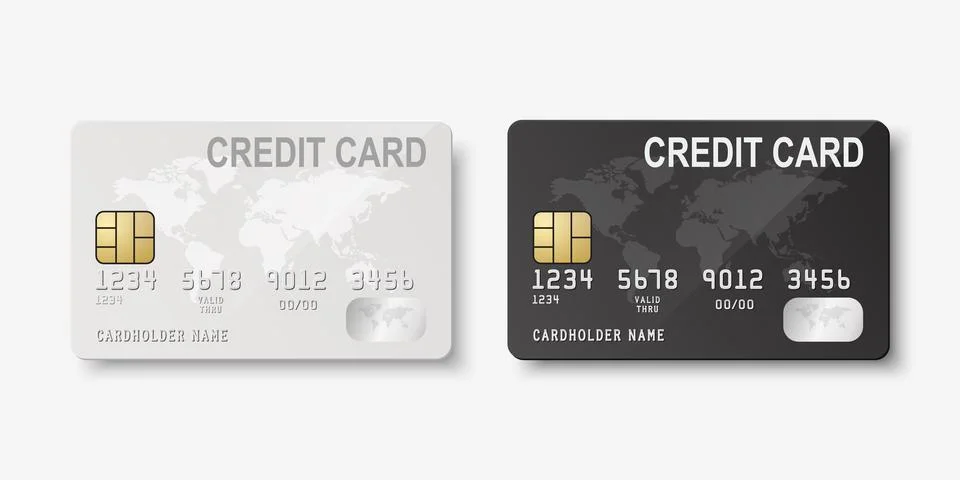 Vector 3d Realistic Black and White Blank Credit Card with Map Isolated. Design Illustrazione stock