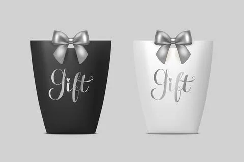 Vector 3d Realistic Black and White Paper Gift Bag, Box for Birthday or Party Stock Illustration