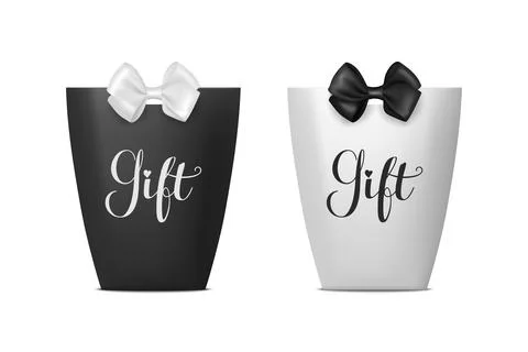 Vector 3d Realistic Black and White Paper Gift Bag, Box for Birthday or Party Stock Illustration