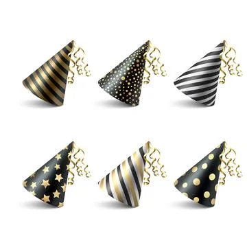 Vector 3d Realistic Black and Golden Birthday Party Hat Icon Set Isolated on Illustrazione stock