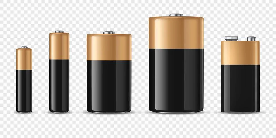 Vector 3d Realistic Black and Yellow Alkaline Battery Icon Set Closeup Isolatedd Stock Illustration