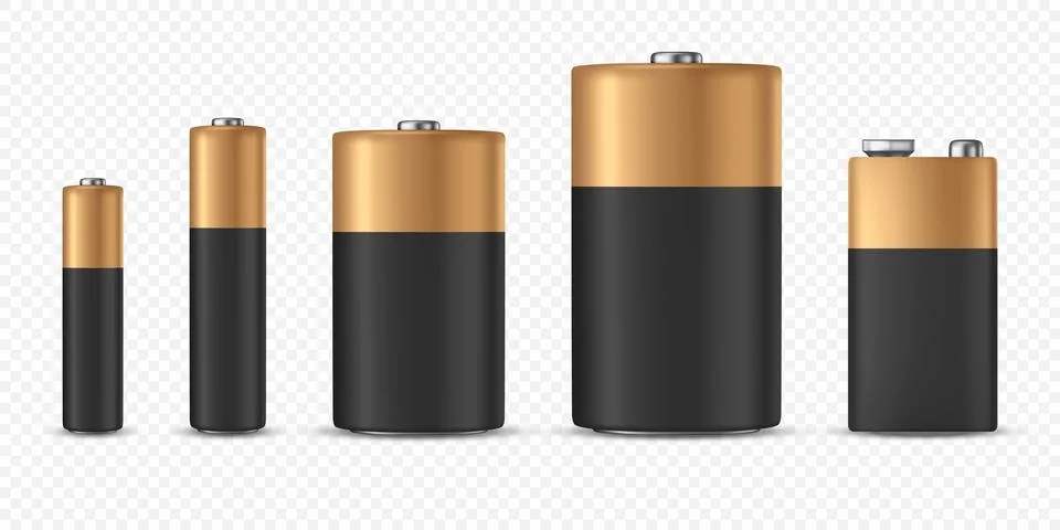 Vector 3d Realistic Black and Yellow Alkaline Battery Icon Set Closeup Isolated Stock Illustration