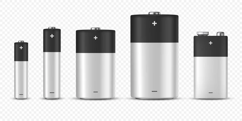 Vector 3d Realistic Black and White Alkaline Battery Icon Set Closeup Isolated Illustrazione stock