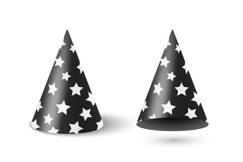 Vector 3d Realistic Black and White Party Hat Set. Glossy Celebration Party Hat Stock Illustration