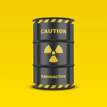Vector 3d Realistic Black Barrel on Yellow Background, Hazard Liquid. Caution Illustrazione stock
