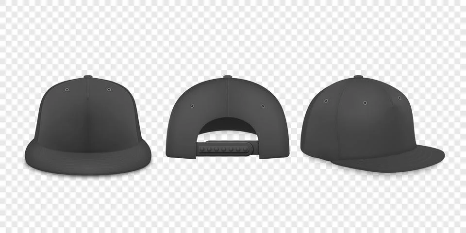 Vector 3d Realistic Black Blank Baseball Cap, Snapback Cap Icon Set Closeup Illustrazione stock