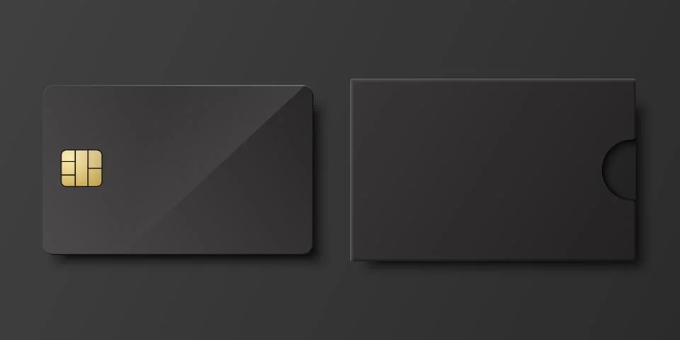 Vector 3d Realistic Black Blank Credit Card, Paper Wallet, Envelope, Packing Illustrazione stock