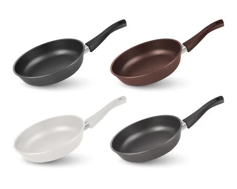 Vector 3d Realistic Black, Brown, White and Gray Empty Frying Pan Icon Set Stock Illustration