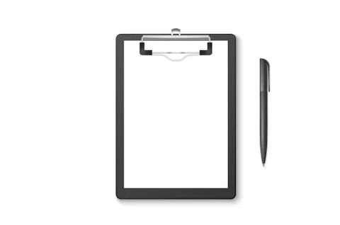 Vector 3d Realistic Black Clipboard with Blank Paper, Metal Clip, Automatic Pen イラスト素材