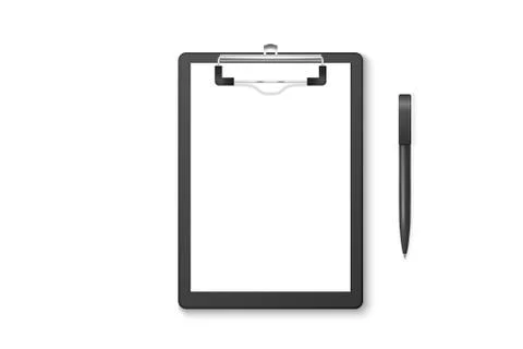 Vector 3d Realistic Black Clipboard with Blank Paper, Metal Clip, Automatic Pen 스톡 일러스트