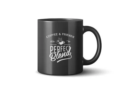 Vector 3d Realistic Black Coffee Mug Mockup with Vintage Typography Print Illustration
