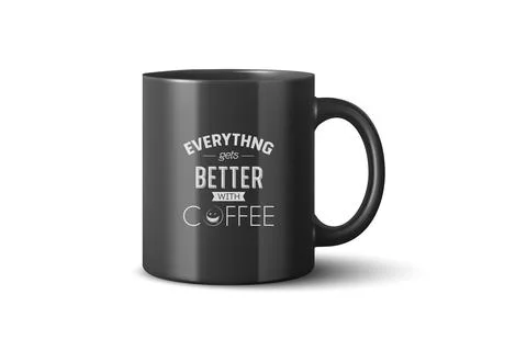 Vector 3d Realistic Black Coffee Mug Mockup with Vintage Typography Print. .. イラスト素材