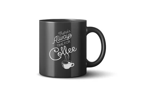 Vector 3d Realistic Black Coffee Mug Mockup with Vintage Typography Print. Ce イラスト素材