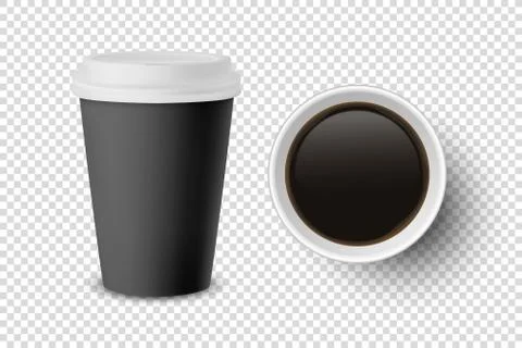 Vector 3d Realistic Black Disposable Closed and Opened Paper, Plastic Coffee Cup 스톡 일러스트