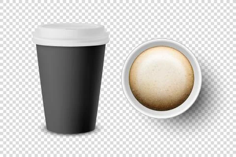 Vector 3d Realistic Black Disposable Closed and Opened Paper, Plastic Coffee Cup 스톡 일러스트