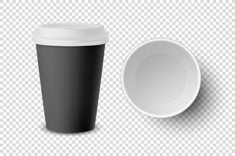 Vector 3d Realistic Black Disposable Closed and Opened Paper, Plastic Coffee Cup 스톡 일러스트