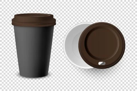 Vector 3d Realistic Black Disposable Closed and Opened Paper, Plastic Coffee Cup 스톡 일러스트