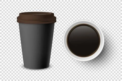 Vector 3d Realistic Black Disposable Closed and Opened Paper, Plastic Coffee Cup Stock Illustration