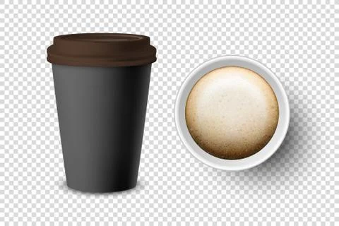 Vector 3d Realistic Black Disposable Closed and Opened Paper, Plastic Coffee Cup 스톡 일러스트