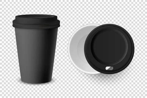Vector 3d Realistic Black Disposable Closed and Opened Paper, Plastic Coffee Cup 스톡 일러스트