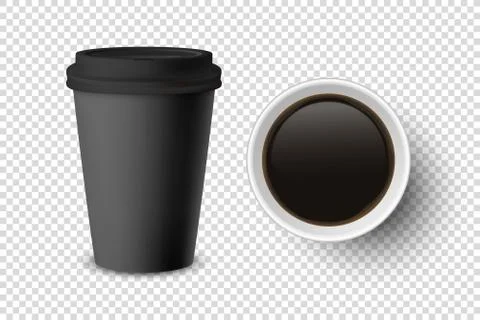 Vector 3d Realistic Black Disposable Closed and Opened Paper, Plastic Coffee Cup Stock Illustration