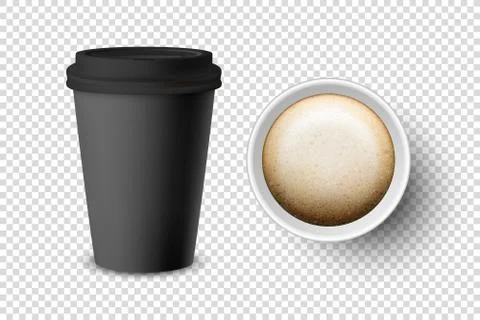 Vector 3d Realistic Black Disposable Closed and Opened Paper, Plastic Coffee Cup Stock-Illustration