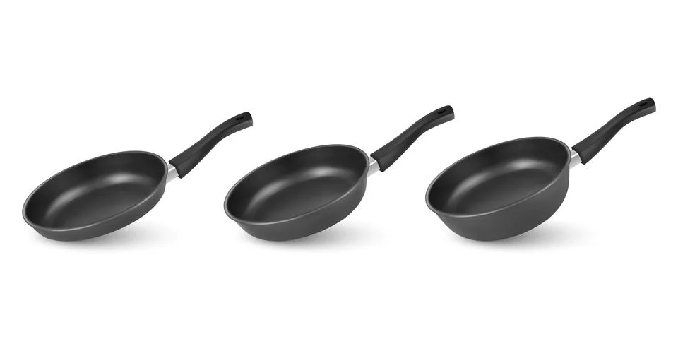 Vector 3d Realistic Black Empty Frying Pan Icon Set Isolated on White Background Stock Illustration