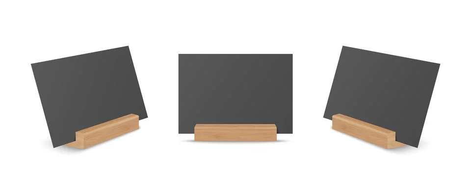 Vector 3d Realistic Black Empty Blank Paper Sheet, Card on Wooden Holder, Stand Stock Illustration